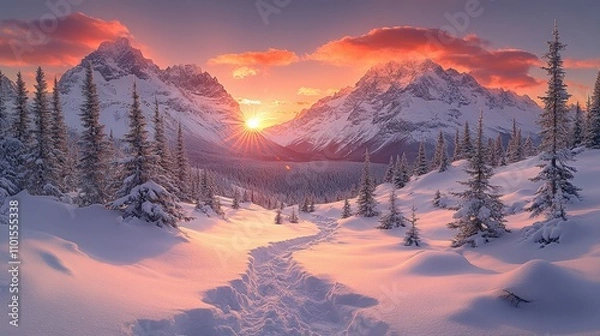 Obraz Snow-covered mountains at sunset, creating a serene winter landscape.