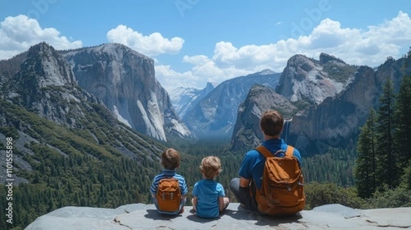 Obraz Two children and an adult admire a scenic mountain view on a sunny day.