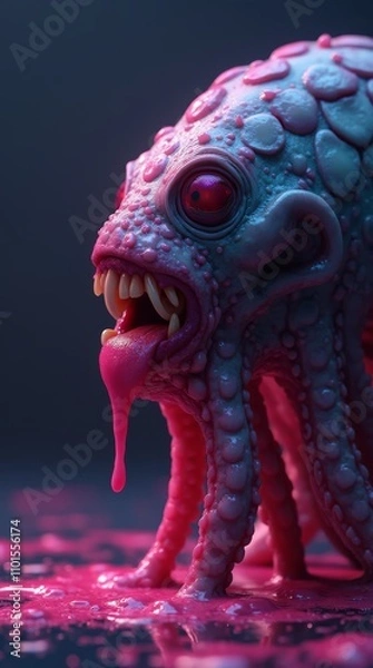Fototapeta A close-up of a vibrant pink alien creature with tentacles and dripping slime on a dark background.