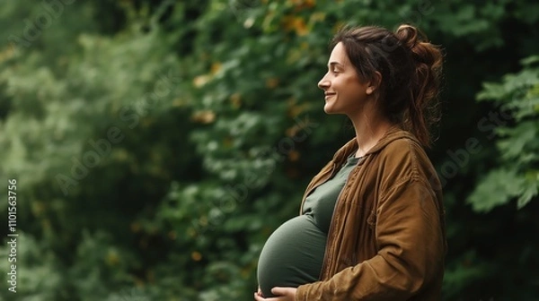 Fototapeta Side profile of a pregnant woman smiling outdoors in a forest setting, wearing a brown jacket and green shirt, with lush green trees in the background.