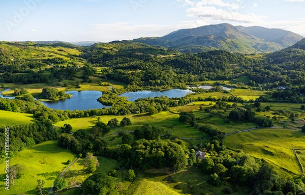 Fototapeta Elter Water lake near Elterwater village, Greater Langdale, Lake District National Park, England. SW to Little Langdale with Wetherlam rising behind
