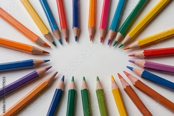 Fototapeta a close up of a circle of colored pencils on a white surface