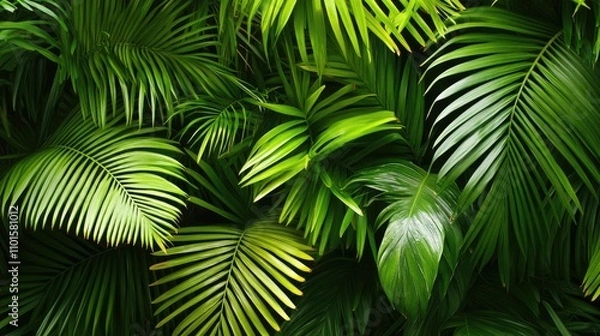 Fototapeta Lush green palm leaves forming a dense foliage backdrop, creating a vibrant jungle-themed wallpaper with rich textures and deep tones.