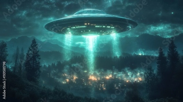 Fototapeta Alien Attack. Invasion of Flying Saucer UFO Causing Chaos and Destruction in the City