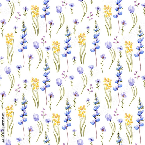 Fototapeta Seamless pattern with watercolor spring flowers lupine and tulips. Hand drawn illustration on white background