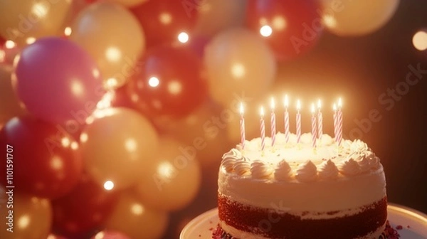 Fototapeta Colorful balloons in the background and a birthday cake
