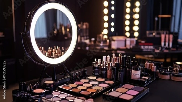 Fototapeta A professional makeup artist s station filled with various cosmetics, including contouring palettes, blushes, and eyeliners, with a large ring light illuminating the scene