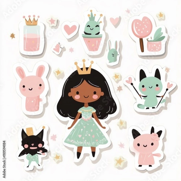 Fototapeta A set of kid-friendly stickers featuring a cheerful,