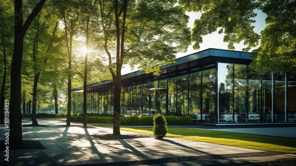 Fototapeta A large glass building with a tree in front of it. The building is surrounded by a lush green lawn