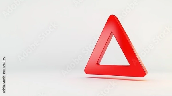 Fototapeta A bright red triangular warning sign set against a minimalistic white background, symbolizing caution and alertness.