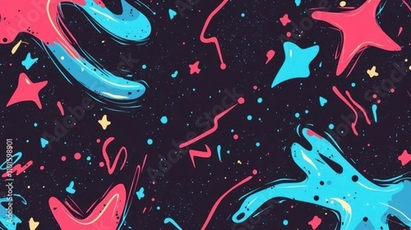 Fototapeta Bright pink and blue zigzag lines glowing with stars on dynamic dark backdrops