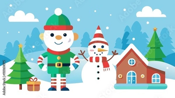 Fototapeta A cartoon of a snowman and elf standing in front of a house