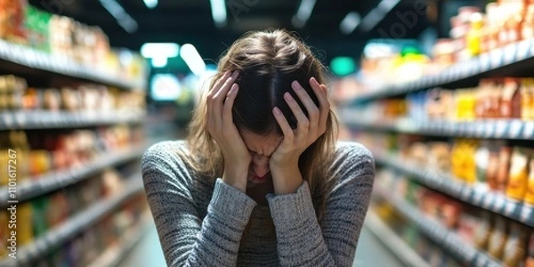 Fototapeta A woman expressing frustration while shopping in a grocery aisle.