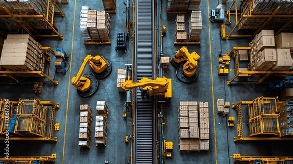 Fototapeta Top Down View of Robotic Arms in Minimalist Intelligent Warehouse System