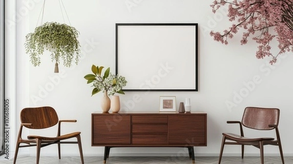 Obraz Mid-century modern living room with two wooden chairs, a wooden sideboard, and a large framed print above it.  Hanging plants and a cherry blossom branch add natural elements to the space.