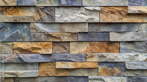 Fototapeta Textured stone wall featuring a rugged and weathered design with diverse shades of gray, brown, and tan, highlighting the natural beauty of the materials.