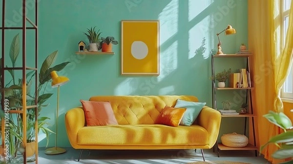 Fototapeta A yellow sofa sits in a living room with teal walls, bathed in sunlight.  The room features pops of orange and teal, creating a vibrant and cheerful atmosphere.