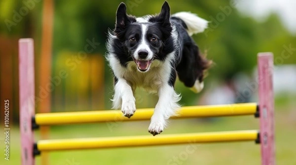Fototapeta Border Collie Joyfully Leaping Over Yellow Agility Barrier with Intense Focus in a Vibrant Training Environment