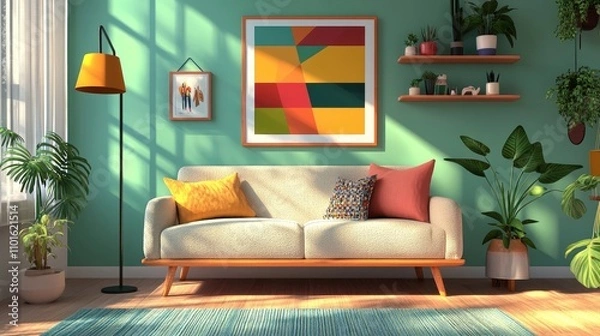 Fototapeta Sunlight streams into a living room, illuminating a cream-colored sofa with colorful throw pillows.  The walls are a calming shade of green, accented by vibrant artwork and houseplants.