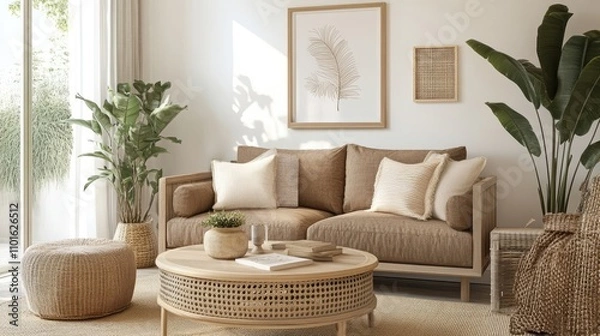 Fototapeta Neutral-toned living room with a beige couch, woven coffee table, and potted plants. The room is bathed in soft, natural light, creating a calm and inviting atmosphere.