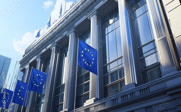 Obraz Wide shot of the European Union building in Paris with blue flags on the balcony, photorealistic