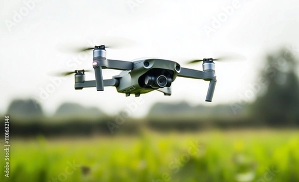 Obraz A white DJI Mavic Pro drone flying in the air, with green grass and trees behind it. The background is blurred against a pure white sky
