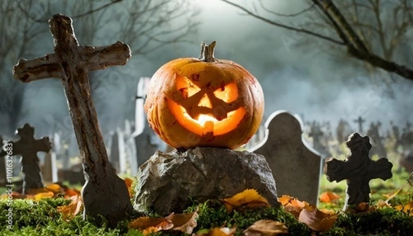 Fototapeta Terrifying pumpkin-headed zombie clawing its way out of a haunted graveyard cemetery under a misty moonlit sky, surrounded by eerie tombstones and twisted trees, capturing a chilling