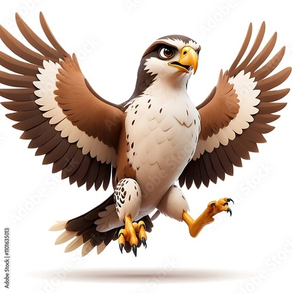 Obraz A cartoon falcon flying with wings spread on a white background.
