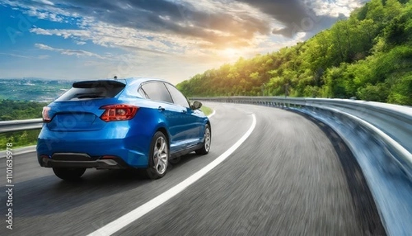 Fototapeta Rear view of a sleek blue business car speeding through a sharp turn, showcasing dynamic motion and precision on a high-speed highway with smooth asphalt and vibrant lighting effects.