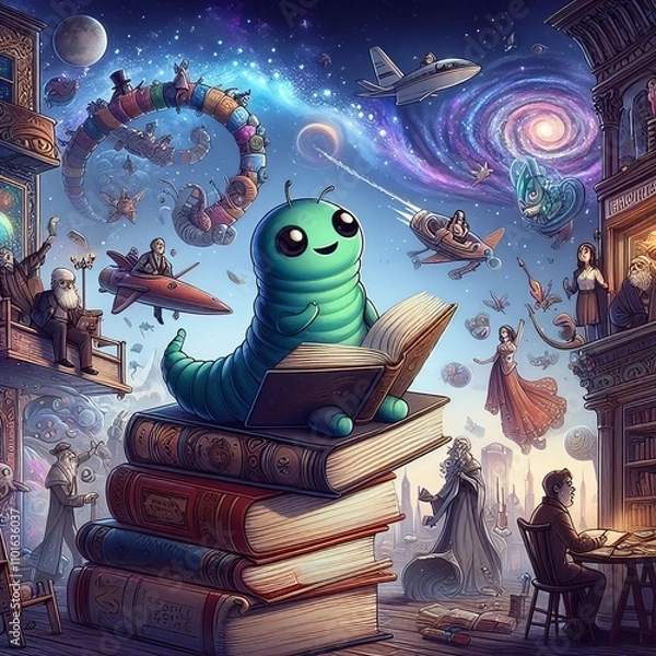 Fototapeta The Bookworm's Guide to the Galaxy A bookworm travels through di