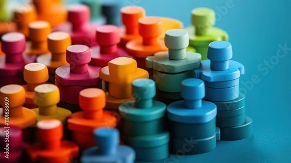 Fototapeta Colorful wooden figurines arranged in a vibrant pattern on a blue surface, showcasing creative play and artistic design.