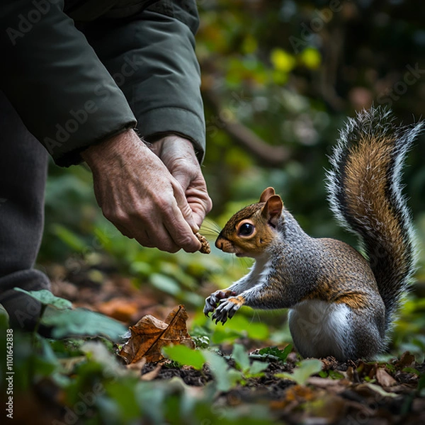 Fototapeta Feeding squirrels in a lush forest nature photography peaceful setting close-up capture wildlife interaction
