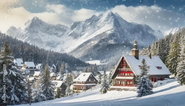 Obraz Santas enchanting village nestled behind snow-capped mountains, surrounded by glistening Christmas trees under a magical winter sky, evoking timeless holiday cheer and wonder.