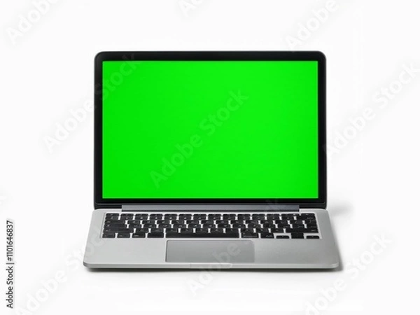 Fototapeta A laptop with green screen isolated on white background with clipping path 