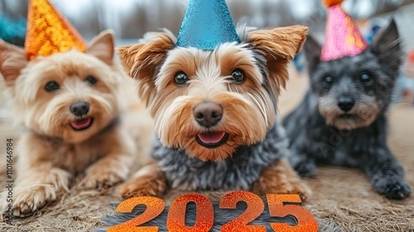 Obraz Cute dogs celeberate 2025 Happy New Year ,Animal Party ,wear party hats, with "2025" written in a playful by fun font.