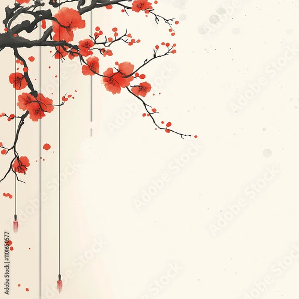 Obraz Elegant cherry blossom branch with red flowers and hanging lanterns, creating serene and artistic atmosphere. Perfect for spring themed designs