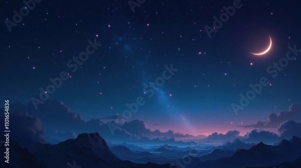 Obraz Rainbow Constellations and Crescent Moon in a Sparkling Night Sky