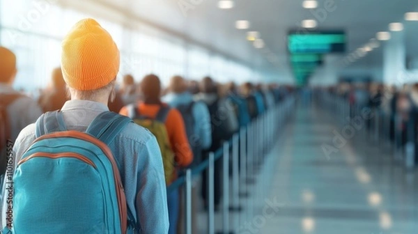 Obraz A traveler waits in a long airport queue, wearing a backpack and a bright orange beanie, with other passengers in the background.