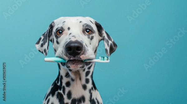 Fototapeta Pet dental care and hygiene. oral health for pets in a playful and engaging manner for advertisement, animal welfare. Dalmatian dog holding a toothbrush in its mouth on blue background. 