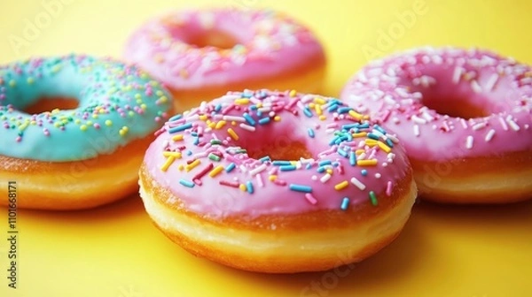Fototapeta Colorful donuts with pink and blue icing, generously topped with vibrant sprinkles, set against a cheerful yellow background in a festive close-up view.