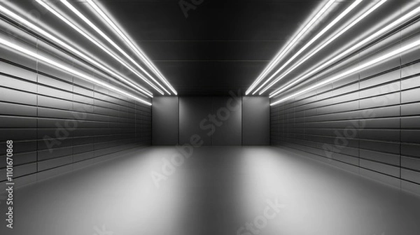 Fototapeta Futuristic industrial space with sleek LED light lines illuminating an empty dark corridor, evoking a modern studio or warehouse ambiance