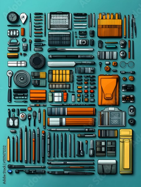 Fototapeta Organized assortment of art and design tools arranged in a grid pattern.