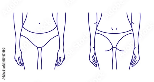 Obraz Pants, line icon. Female body shape in pants - front and back sides. Editable stroke, linear illustration.