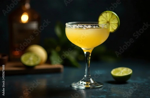 Fototapeta Glass of margarita on dark background. Drink photo bar restaurant. AI Generative