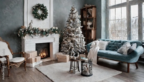 Fototapeta Elegant Living Room Interior with Festive Christmas Decorations, Including a Beautifully Lit Fireplace, a Stunningly Adorned Christmas Tree, and Warm, Cozy Seasonal Accents
