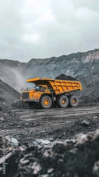 Fototapeta Massive Coal Mining Truck in a Vast Open Pit Landscape