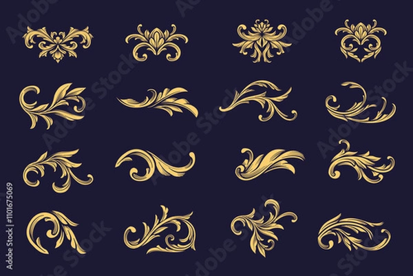 Obraz  Set vector of Golden arabesque, flourish, damask ornaments. Fancy Victorian graphic element. Vintage Gold Baroque calligraphy decorative ornamental.