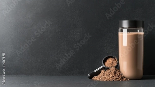 Fototapeta Protein shake in a clear container with chocolate protein powder and scoop on dark background