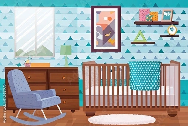 Fototapeta Pastel nursery with a dark crib, colorful hanging toys, a framed poster, and pink dressers creating a soft and playful atmosphere