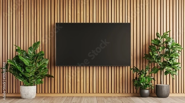 Fototapeta Elegant 3D rendering of a blank rectangular digital screen mounted on a contemporary wall with a clean and polished finish